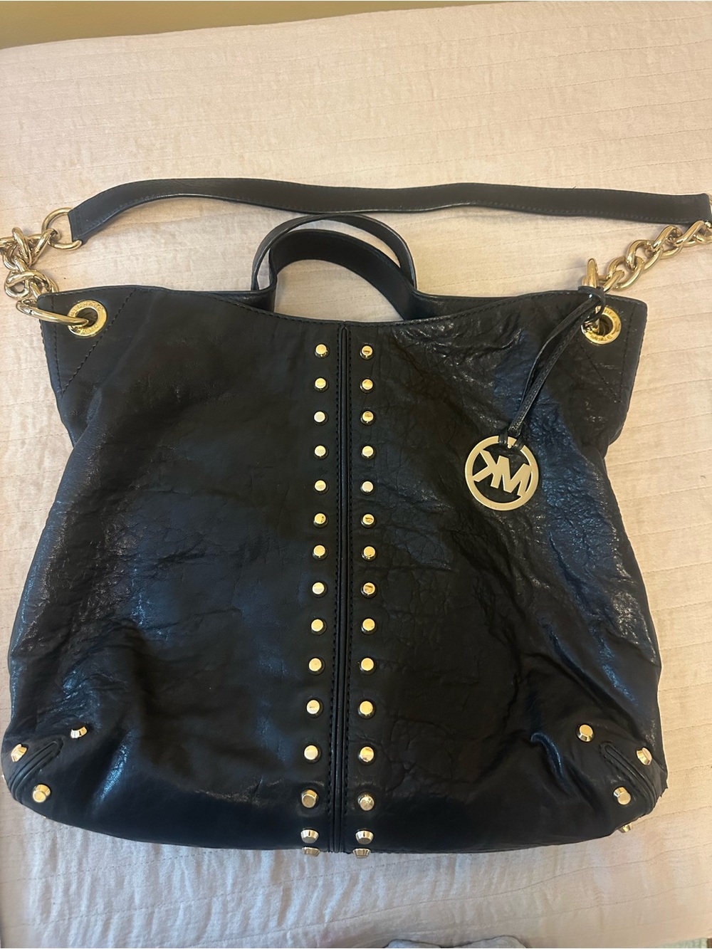 Michael Kors Black Leather Shoulder Bag with Gold Studs and MK Charm